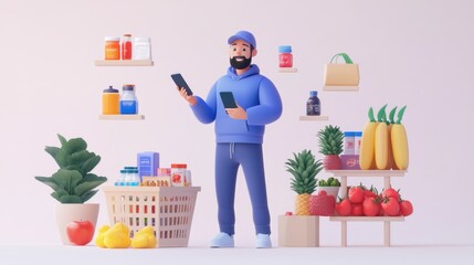 Cheerful Character Holding Phone and Floating Shopping Icons