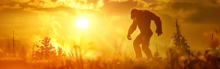 The gorilla walk in the filed with sunset orange in the background