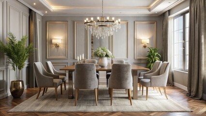 Elegant dining room inspiration modern minimalist calm ambiance warm light soft grey velvet upholstery crystal chandelier silver leaf accents