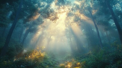 Fototapeta premium A misty forest in the early morning, with light filtering through the trees and creating a mystical atmosphere.