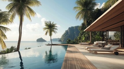 Fototapeta premium Luxurious Exotic Island Villa with Infinity Pool and Breathtaking Ocean Views, Showcasing a Welcoming and Sophisticated Design in Photorealistic Detail
