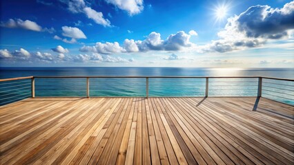Fototapeta premium Wooden deck overlooking the ocean, wood, deck, ocean, view, water, horizon, sea, relaxation, vacation, summer, coast