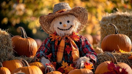 A cheerful scarecrow surrounded by vibrant pumpkins in a picturesque autumn setting, perfect for seasonal themes and decorations.