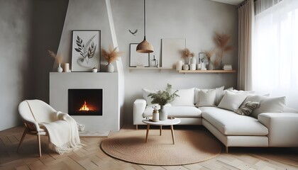 White corner sofa near fireplace. Scandinavian home interior design of modern living room
