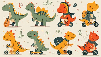 Obraz premium Dinosaurs in the cite with road map seamless pattern. Cute cartoon dino on a skateboard, bike, rollers, scooter in flat style