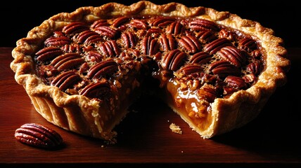 A delicious pecan pie with a golden crust and glossy filling, perfect for dessert lovers and holiday celebrations.