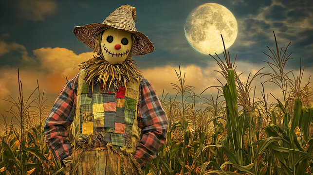 A man dressed as a scarecrow, with a straw hat, patchwork clothing, and a stitched smile on his face, standing in a field of tall cornstalks under a harvest moon.