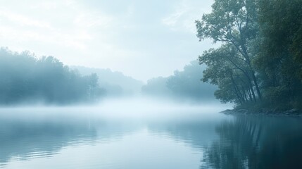 Fototapeta premium A misty morning on a Minnesota lake, with fog gently rising from the water and the surrounding landscape shrouded in mist.