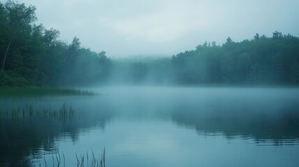 Fototapeta premium A misty morning on a Minnesota lake, with fog gently rising from the water and the surrounding landscape shrouded in mist.