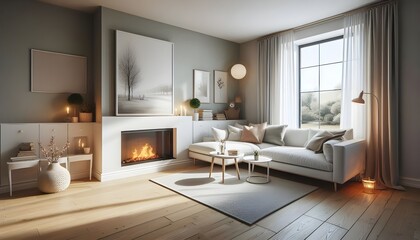 White corner sofa near fireplace. Scandinavian home interior design of modern living room