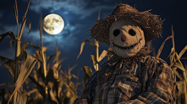 A man dressed as a scarecrow, with a straw hat, patchwork clothing, and a stitched smile on his face, standing in a field of tall cornstalks under a harvest moon. - Powered by Adobe