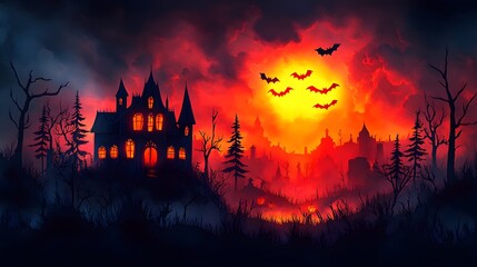 Haunted Halloween Papercut: A haunted house with bats, designed in a papercut style, creating a spooky Halloween atmosphere.