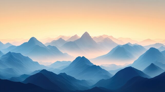 A misty mountain range at dawn, with layers of peaks fading into the distance, ideal for themes of mystery and beauty with space for messaging.