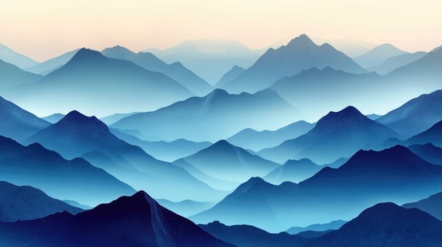 A misty mountain range at dawn, with layers of peaks fading into the distance, ideal for themes of mystery and beauty with space for messaging.
