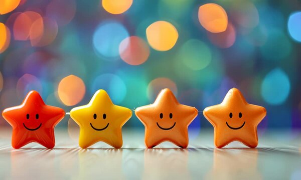Four smiling star figures, representing positive customer feedback