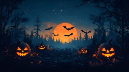 Spooky Cartoon Halloween Scene: A fun, animated Halloween background with grinning pumpkins, flying bats, and eerie trees in a vector flat design.