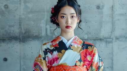 和服姿の日本人の若い女性　金髪