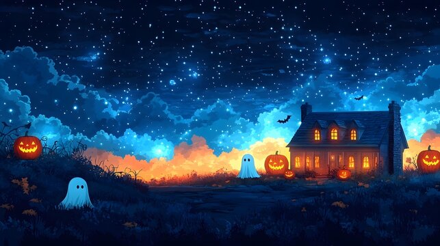 Animated Halloween Landscape: A flat vector scene featuring a haunted house, pumpkins, and friendly ghosts under a starry Halloween sky.