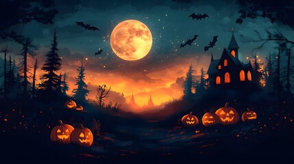 Halloween Cartoon Scene: A vector flat illustration of a spooky landscape with a haunted house, pumpkins, and flying bats under a full moon.