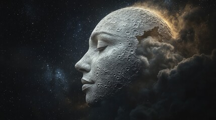 A moon face in profile, looking peacefully across a dark sky filled with stars, offering a serene and tranquil setting with space for copy.