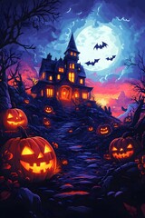 Halloween Cartoon Landscape: A vibrant flat vector illustration with grinning pumpkins, bats, and a haunted house on a spooky night.