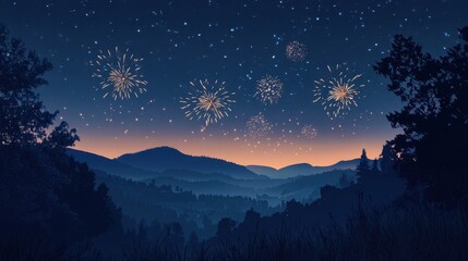 Breathtaking Fireworks Display over Majestic Mountain Landscape