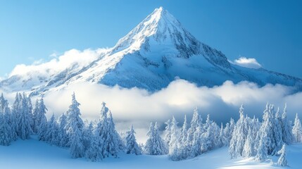 Obraz premium A mountain peak rising above a blanket of clouds, with snow covered trees in the foreground, offering a dramatic winter scene.