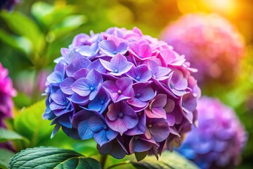 Obraz premium A delicate hydrangea bloom unfurls its petals in a kaleidoscope of colors on a soft, focused background of soft whispers.