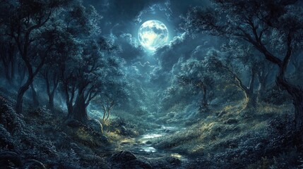 A night scene in a magical forest, with the moonlight casting a silvery glow over the trees and mythical creatures peeking out from the shadows.