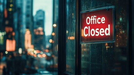 A "Office Closed" sign with a cityscape background visible through the office windows, emphasizing the office's temporary closure. Ample space for text.