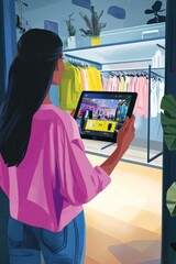 Character Holding Tablet Displaying Fashion Store Interface and Surrounded by Clothes