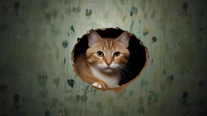 Funny cat in wallpaper hole with claw scratches isolated