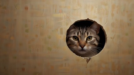 Funny cat in wallpaper hole with claw scratches isolated