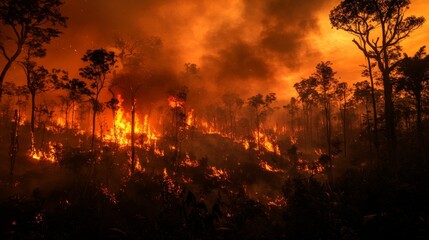The forest in an Indian jungle burns intensely, with orange flames and thick smoke rising in the distance