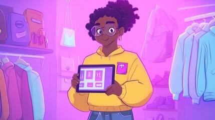 Character Holding Tablet Displaying Fashion Store Interface and Surrounded by Clothes