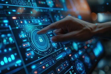A hand interacting with a futuristic digital interface, showcasing advanced technology and user engagement.