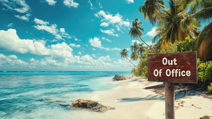 A "Out Of Office" notification with a backdrop of beach and palm trees, capturing the essence of a tropical getaway. Plenty of room for messages.