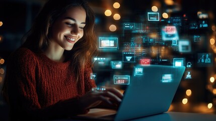 Smiling Character Using Laptop with Digital Shopping Mall Interface