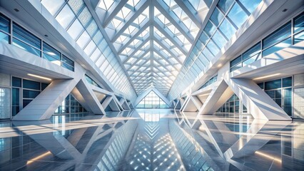 Geometric Intersections: Futuristic architecture with stark minimalist tones, juxtaposing bold geometric shapes, and soft natural light, evoking a sense of calm innovative sophistication.