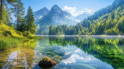 Fototapeta premium Serene Mountain Lake Reflections: Breathtaking Landscape Photography