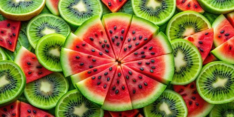 Fototapeta premium Watermelon and green kiwi slices arranged in a beautiful fruit art display, watermelon, green kiwi, fruit, art, plate