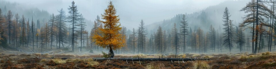 Fototapeta premium Mist-covered Forest Glade with Isolated Larch and Pine Trees in Beetle-affected Region