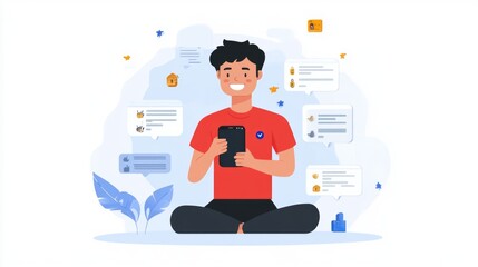 Smiling Character Surrounded by Digital Product Reviews and Ratings with Smartphone