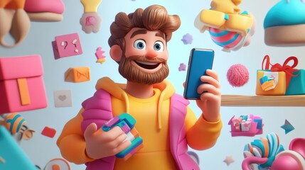 Naklejka premium Smiling Character Surrounded by Digital Product Reviews and Ratings with Smartphone
