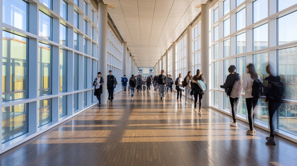 Modern School or University Corridor Bustling with Students in Motion, Capturing Movement and Activity, Busy Educational Environment, Dynamic Campus Scene, Student Traffic