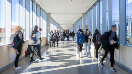 Modern School or University Corridor Bustling with Students in Motion, Capturing Movement and Activity, Busy Educational Environment, Dynamic Campus Scene, Student Traffic