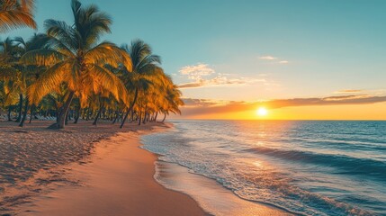 A panoramic view of a beach lined with palm trees, the sun setting in the distance and casting a warm glow over the scene.