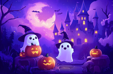 a Halloween illustration with pumpkins and ghosts.