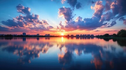 A panoramic view of a city skyline at sunset, with clouds stretching across the horizon and reflecting the warm colors of the sky.