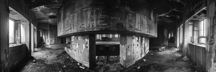 Black and white photograph of an abandoned concrete caponier interior from the Soviet era.